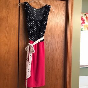 Navy blue polka dot and hot pink summer dress